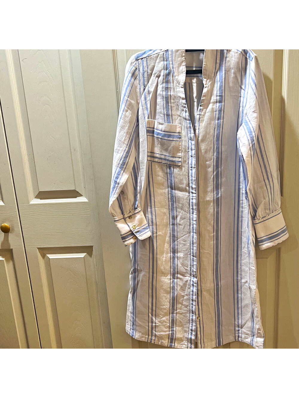Soft Surroundings Womens S Blue White Striped Linen Collared Shirt Dress